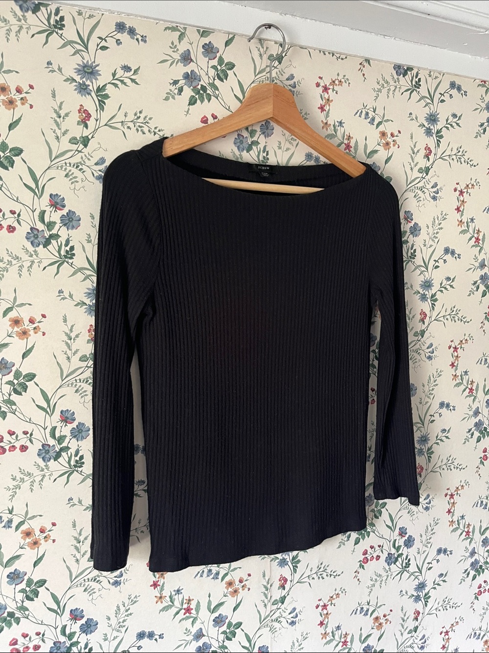 J Crew Ribbed Black 3/4 Long-Sleeve Top with boatneck